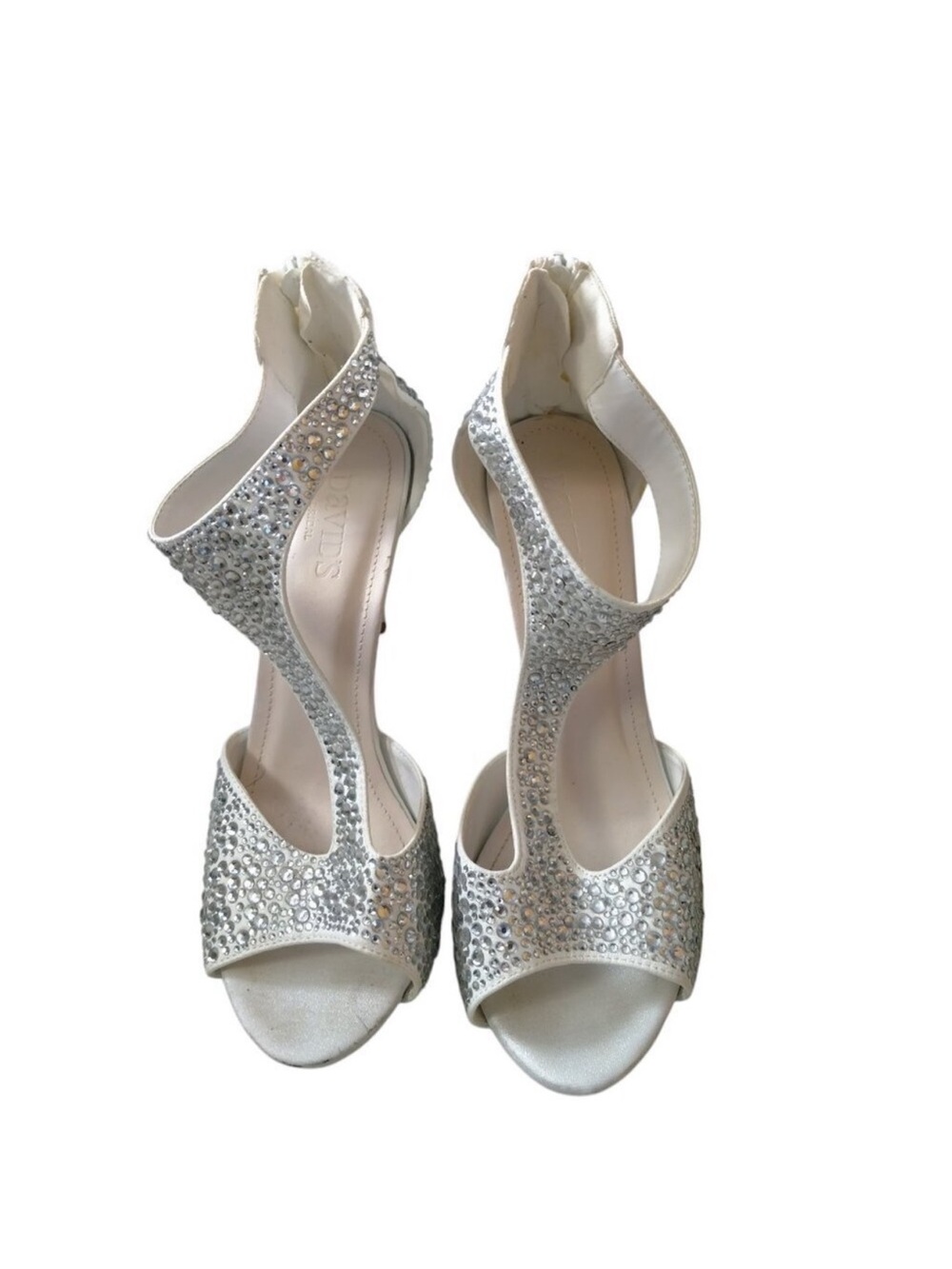 David's Bridal Women's Size 8 Nelia White Beaded Bling Zip Back Open Toe Sandals